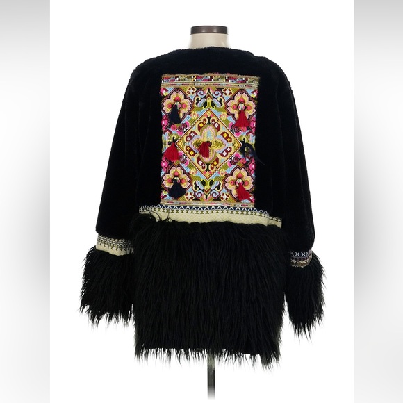 Cherry Paris black embroidered faux fur coat jacket, size T2 or med - Picture 1 of 9